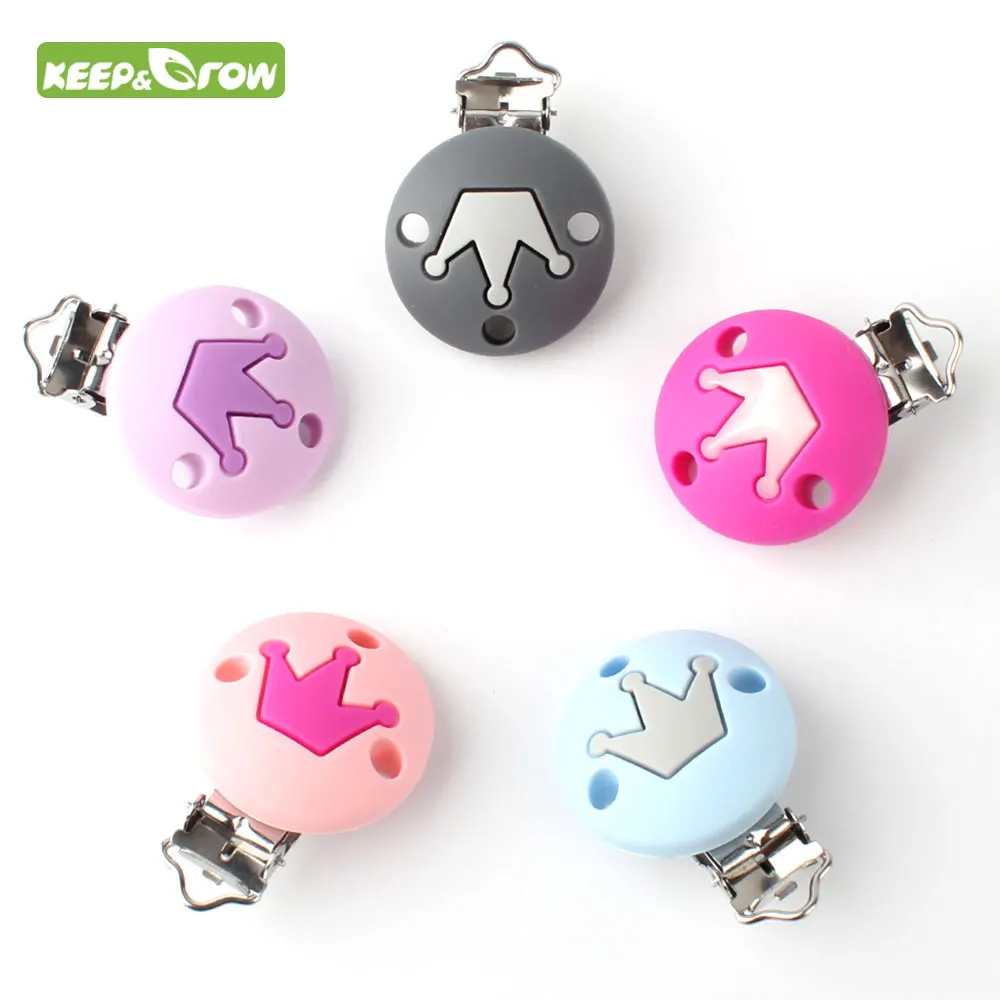 

KEEP&GROW 10Pcs Pacifier Chain Clips Crown Pacifier Clip Food Grade Silicone Teething Beads Clip Round Baby Care Teether Clasp