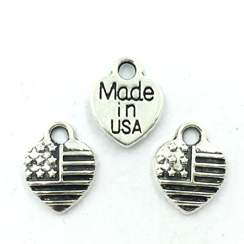 50Pcs Silver Tone Pendants For Bracelets Love Heart Shape America Flag