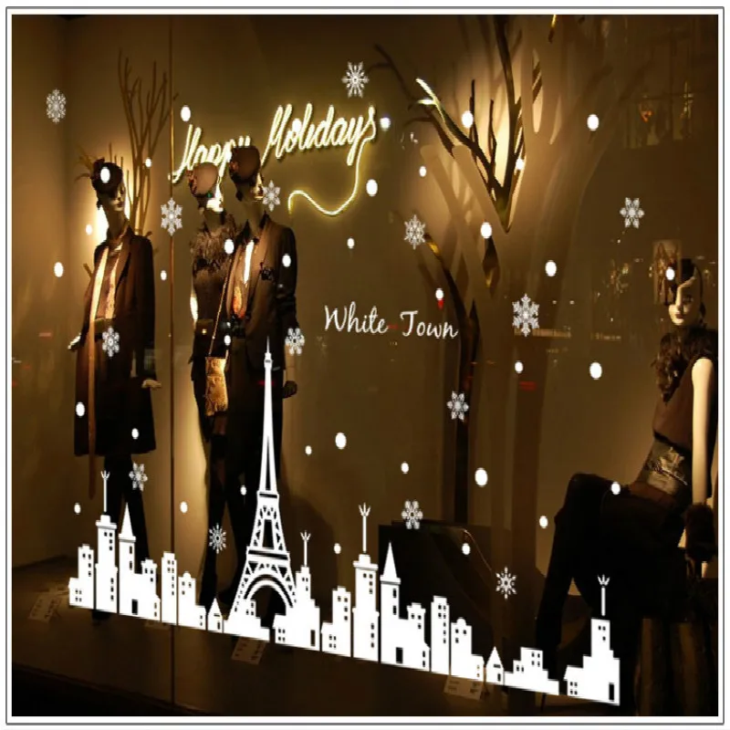 Winter Snow Tower Wall Sticker White Christmas Festival Windows Sticker