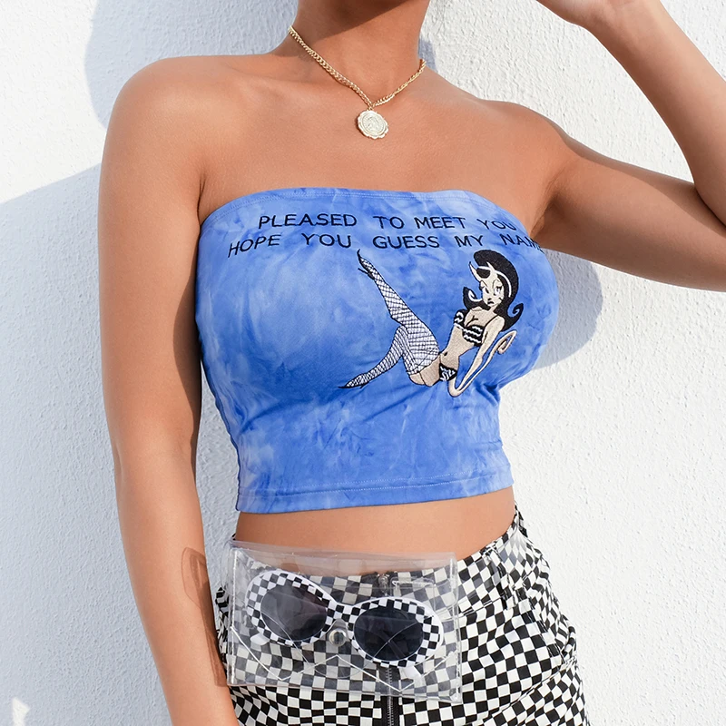 

Women Strapless Boob Blue Tube Tops Tees Causal Embroidery Cartoon Crop Top Tie-Dye Backless Bandeau Bra Summer Wrap Chest Tops