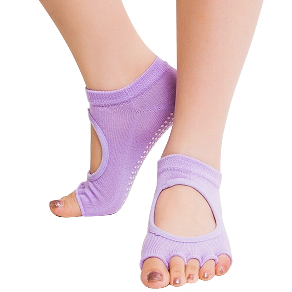 Женские спортивные носки, носки для йоги, танцев, тренажерного зала, фитнеса, пилатеса, без пальцев, с отверстиями, Нескользящие, хлопковые чулки, носки - Цвет: Light Purple