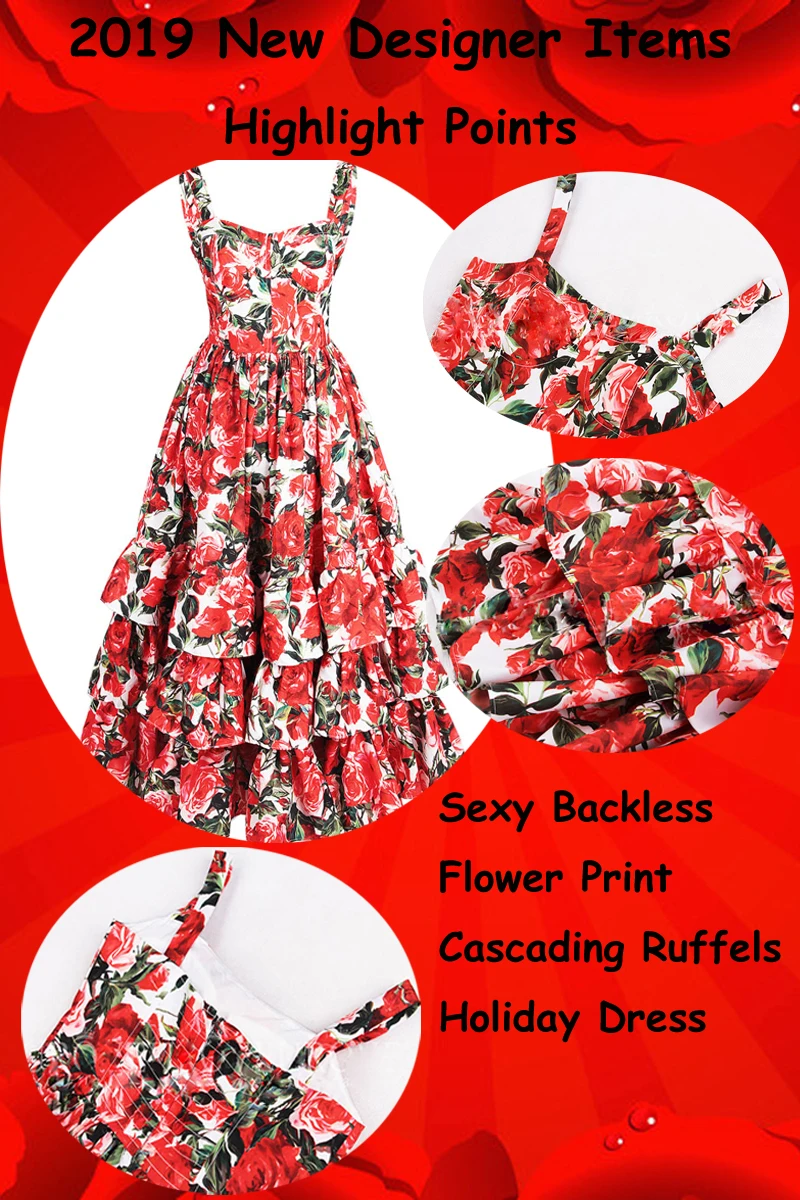 Красный RoosaRosee модное подиумное женское бальное платье сексуальное с открытой спиной цветочный принт каскадные оборки летнее платье на бретелях vestidos robe