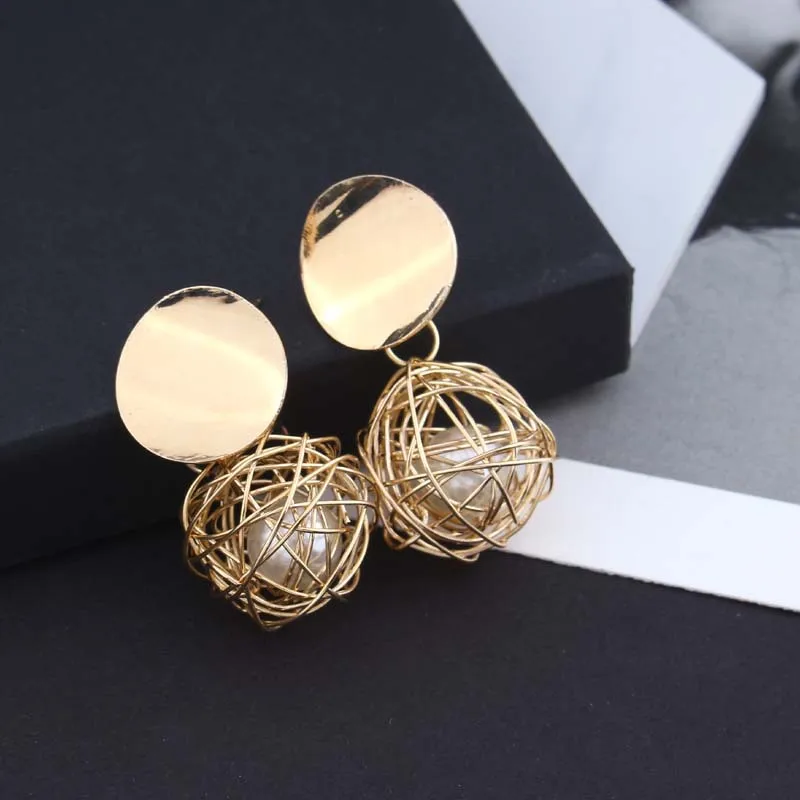 Europe And America Simple Retro Geometric Earrings Woven Ball Imitation Pearl Smooth Round Earrings Metal Female Accessories