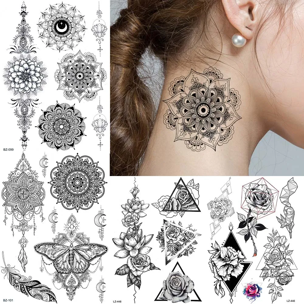 Large Black Henna Mandala Flower Temporary Tattoo Stickers Fake Women Ear  Tatoos Bracelet Neck Triangle Lotus Wedding Tattoos - Temporary Tattoos -  AliExpress
