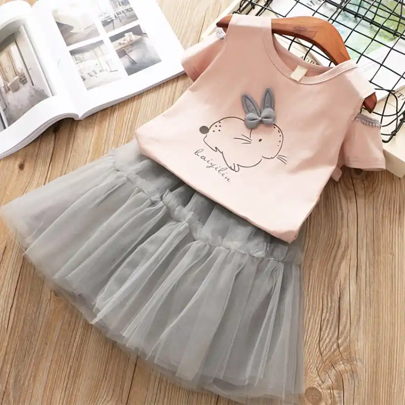 800px x 800px - Girls Set 2018 Europe and America New Summer Child Cartoon Bunny Bow Naked  shoulder Short-sleeved T-shirt + Puff skirt 3-7 Y