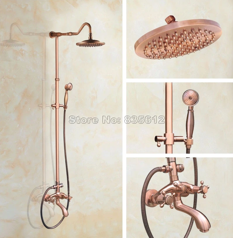 

Antique Red Copper Bathroom Rain Shower Faucet Set Wall Mount + Bathtub Faucet + Handheld Shower Spray + Rainfall Shower Wrg601