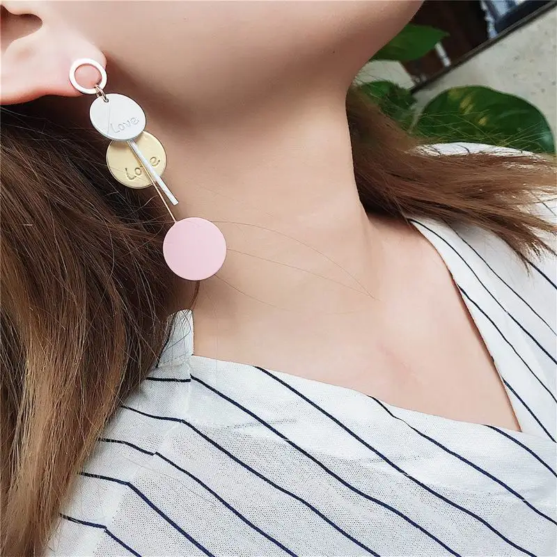 

Ice Cream Color Round Circle Slices Drop Dangle Earrings For Women Girls With Love Letter Words Long Earrings 2018 Jewelry Cute