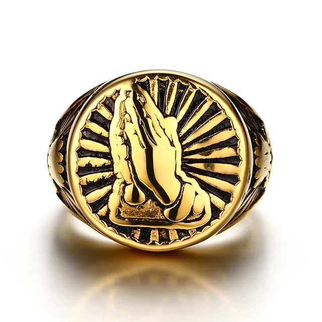 Stainless Steel Ring Vintage Mens Religious Praying Hands Signet Ring Gold Tone Male Ring for Men