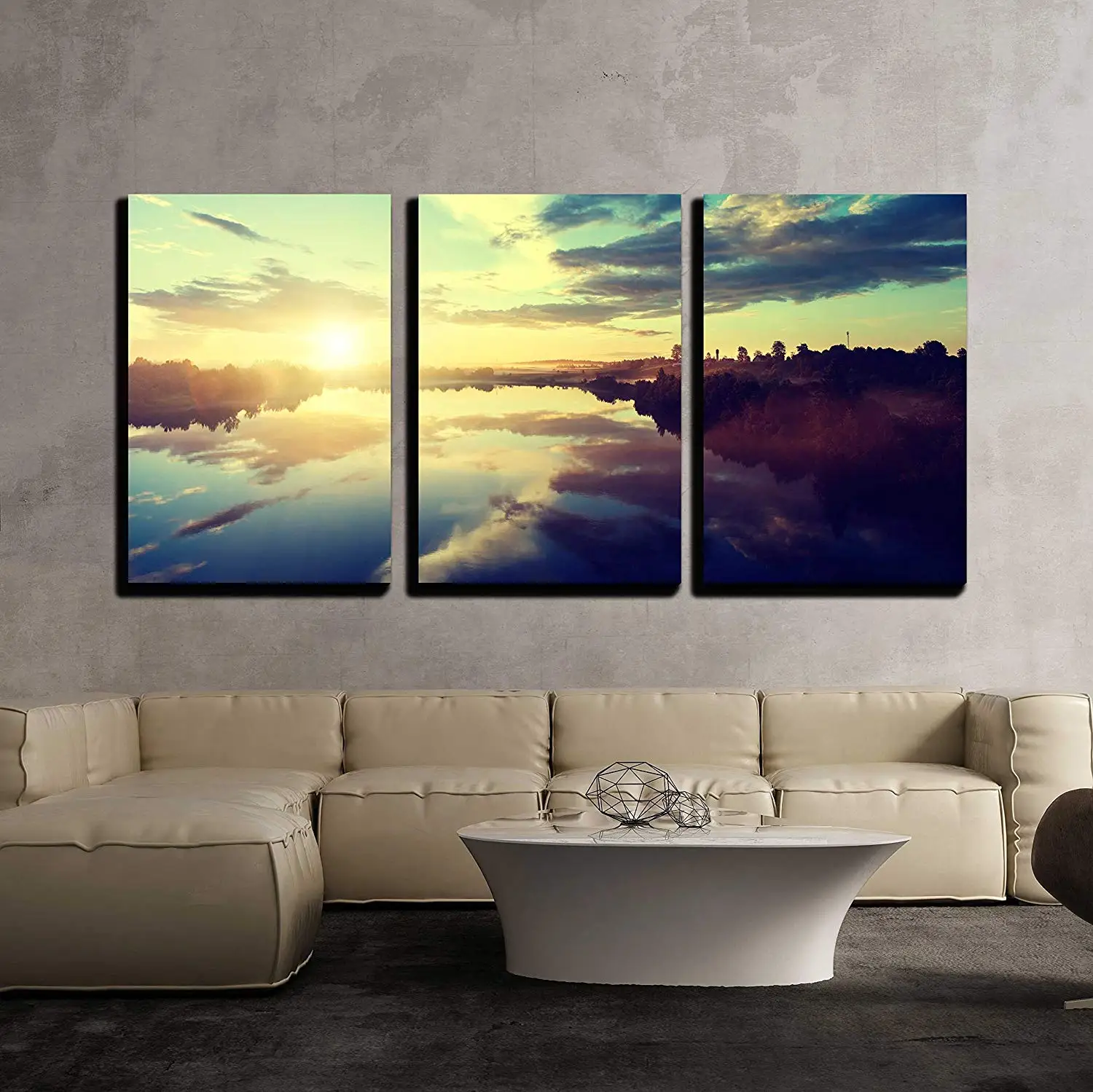 3 Piece Canvas Wall Art Sunset on The River Modern Home Decor No Framed Panels | Дом и сад