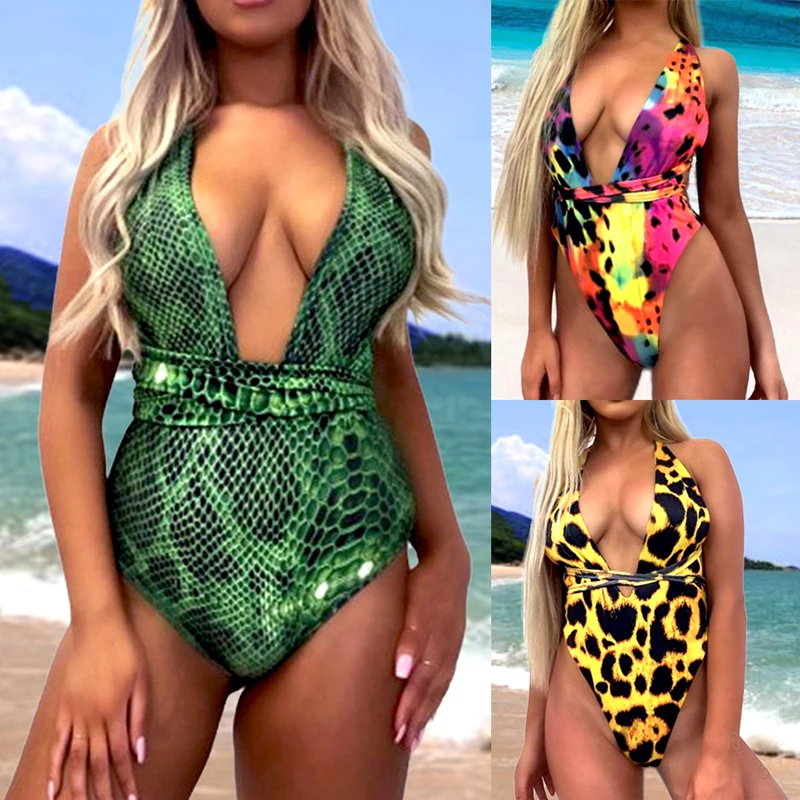 

Sexy Printed One Piece Swimsuit Women Swimwear Deep V Neck Bathing Suit Female Bather Leopard Printed Swimsuit Swimming Suits