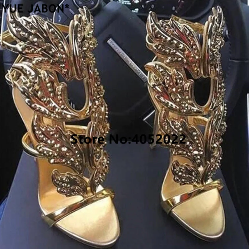 

YUE JABON Design Cruel Summer Leaves Angle Wings Woman Buckle Strap Gladiator High Heels Sandals Women Gold Silver Yellow White