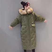 Womens Winter Jacket Coat Big Raccoon Fur Collar Hooded Long Solid Female Down & Parkas Thick Snow Warm Army Green Coat