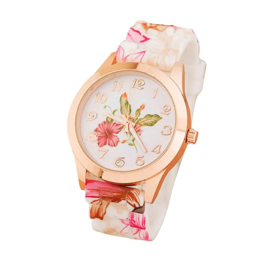 Женские часы для девочек, силиконовый с цветочным рисунком, повседневные кварцевые наручные часы с бусинами, женские силиконовые наручные часы#5 - Цвет: Pink