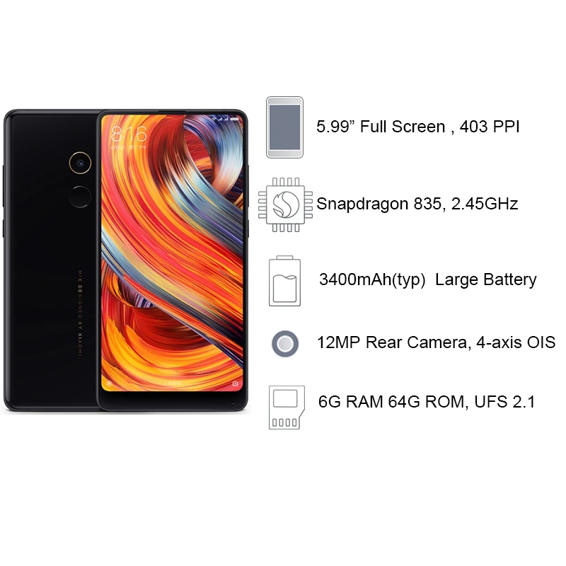 Глобальная версия Сяо mi x 2 Мобильный телефон 6 ГБ 64 Snapdragon 835 Octa Core 5 99&quot 2160X1080 Full
