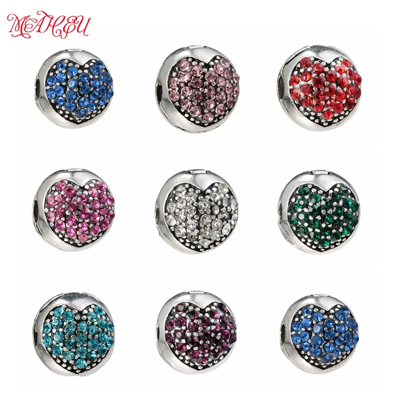 MaHeu Silver Plated Heart Crystal Clips Lock Beads European Lock