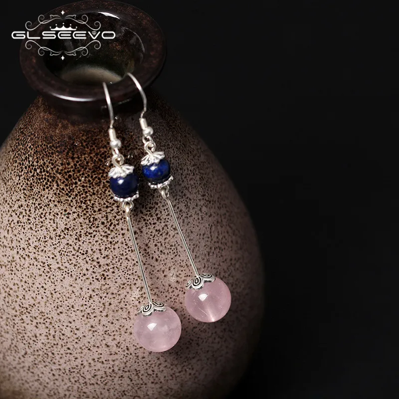 

GLSEEVO 925 Sterling Silver Pink Crystal Lapis Retro Round Ball Water Drop Earrings Women Handmade Fine Jewelry Brincos GE0337