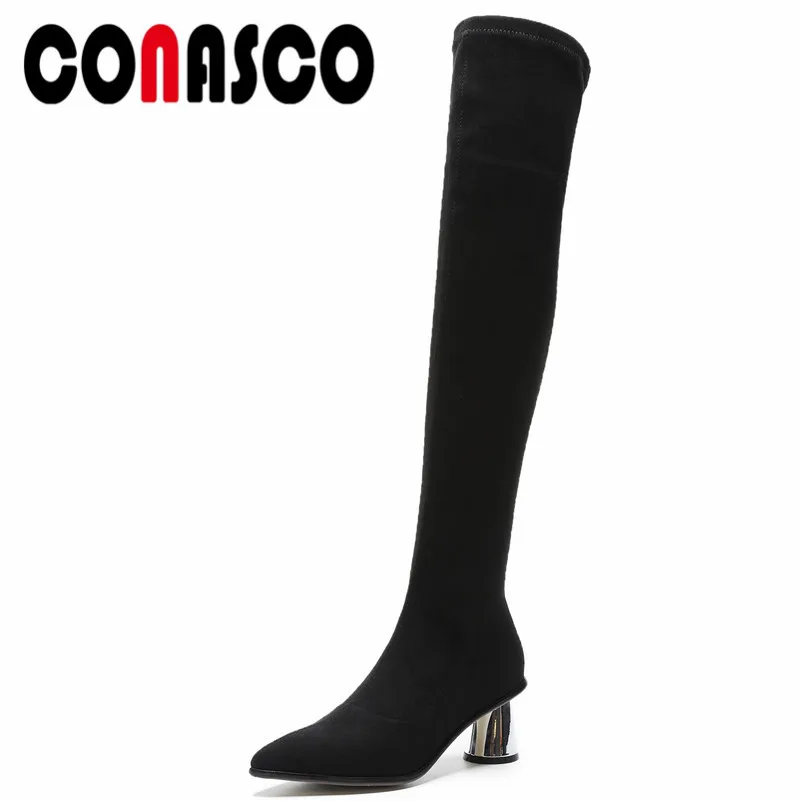 

CONASCO Fashion Women Over The Knee Boots Autumn Winter Warm High Heels Shoes Round Toe Zipper Quality Socks Shoes Woman