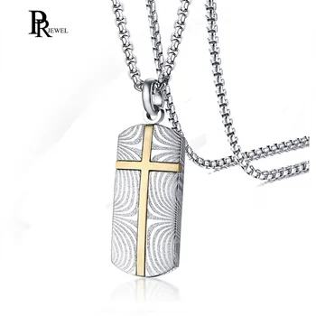 

Men's Gold Tone Cross Necklace Top Quality Damascus Steel Textured Male Pendant DAD Gifts