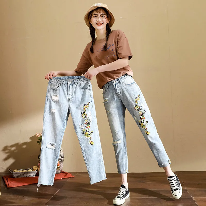 Новые весенне-летние джинсовые брюки с высокой талией винтажные свободные шаровары с Вышивкой Модные женские джинсовые брюки - Цвет: 11