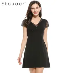 Ekouaer/пикантная ночная рубашка с кружевом и короткими рукавами, женское нижнее белье, ночная рубашка, ночная рубашка, черное платье для сна