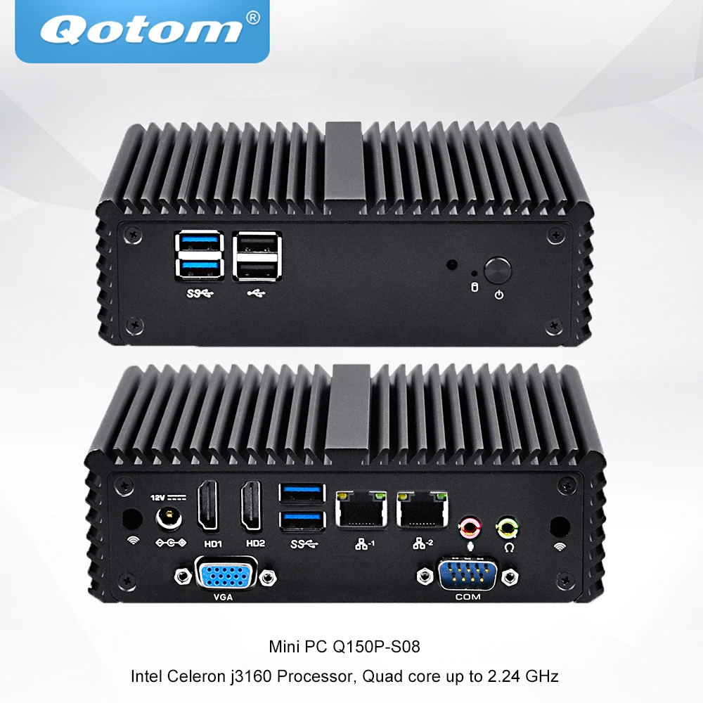 QOTOM Quad core Mini PC with Celeron J3160 processor onboard, up to 2.24 GHz, Fanless Mini PC Dual NIC