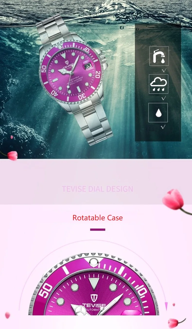 Women Watches TEVISE T801 Automatic Watch Woman Rotatable Case Montre Femme Mechanical Wristwatches With Watchband Fix Tool (3)