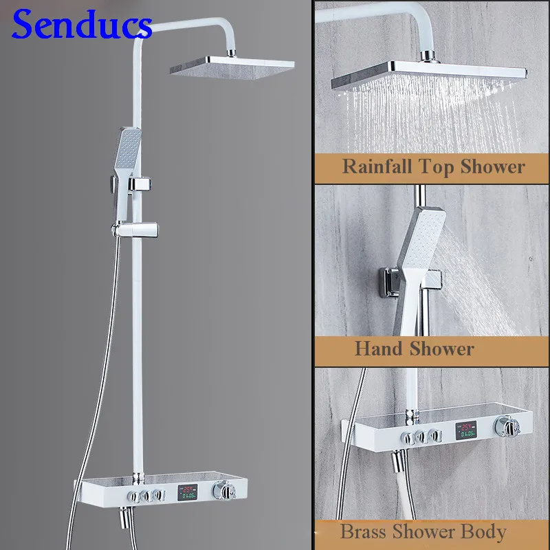 

Senducs White Thermostatic Shower Set Fashion Design Bathroom Digital Shower System Quality Brass Bathroom White Shower Series