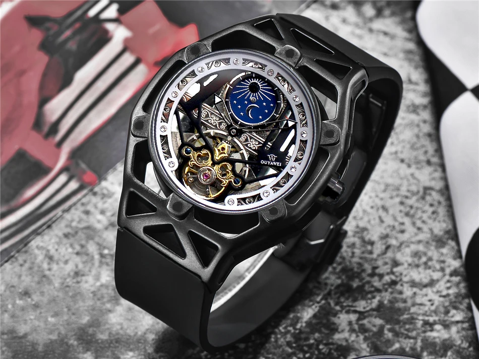 OUYAWEI الشمس والقمر التلقائي رجل الأعمال الميكانيكية ووتش الأعلى العلامة التجارية الفاخرة توربيون ووتش الهيكل العظمي ساعة اليد Gif relogio