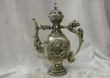 

9" China silver finely carved decorative pattern dragon wine pot Statue