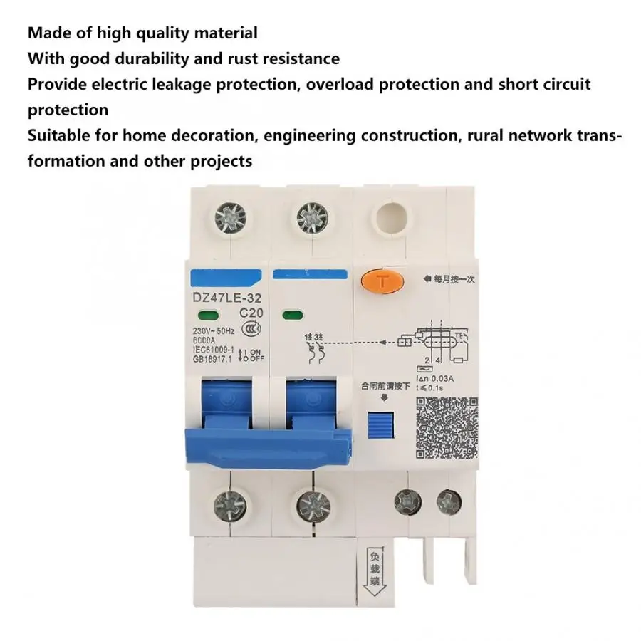 DIN Dail 2P Overload Circuit Breaker 230VAC 20A C20 DZ47LE-63