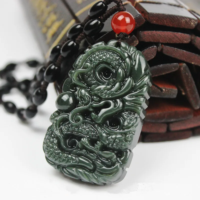 

New Green Hetian Stone Pendant 3D Carved Chinese Dragon Pendants With Beads Necklace Women Men's Amulet Nephrite Jades Jewelry