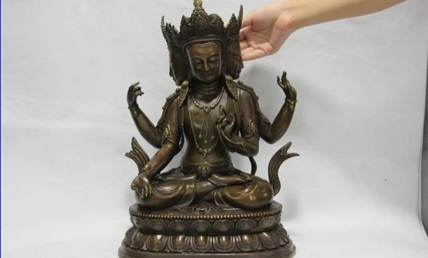 

S1616 16 Tibet Bronze Copper Three Face Head Kwan Yin Four-armed Avalokitesvara Buddha D0318