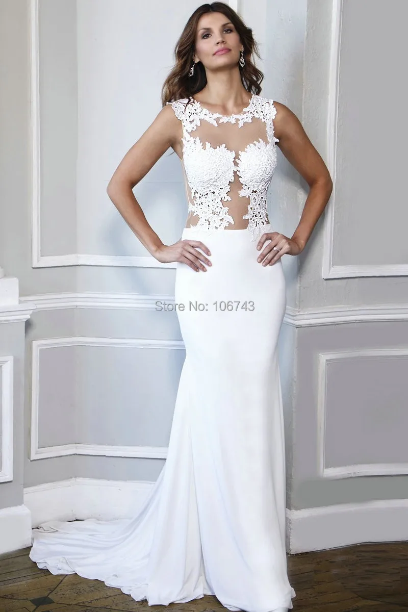 

Long Evening Gowns Back Sheer Sleeveless Mermaid Evening Dress 2016 Lace Satin Ivory Formal Evening vestidos de festa weddings