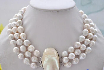 

Jew2458 3row white almost round keshi reborn Edison pearl necklace AAA