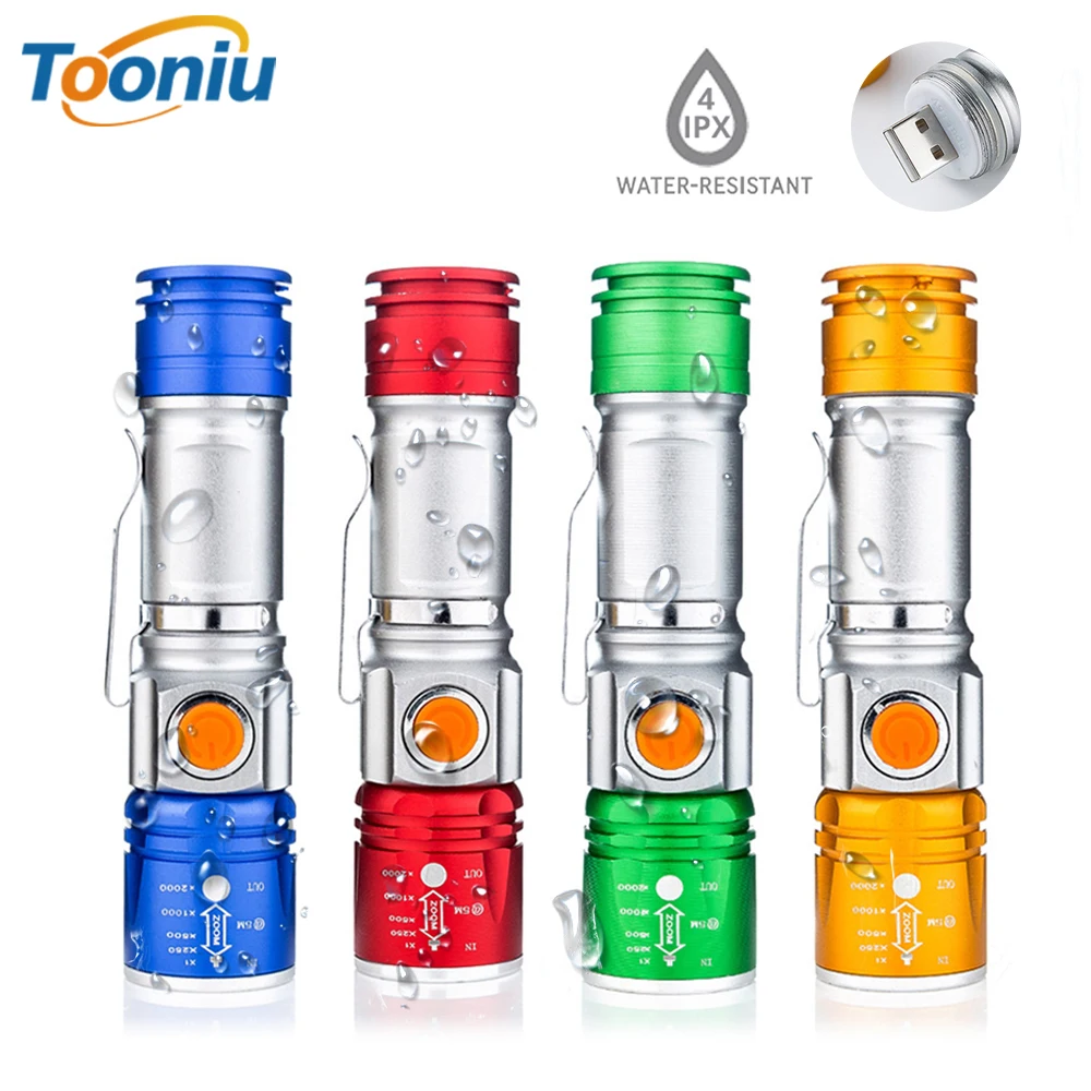 

4 Color LED Flashlight Built-in Rechargeable battery Support zoom 3 modes Lighting distance of 300 meters Suitable for outdoor
