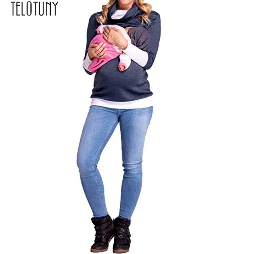 

TELOTUNY lactation CLOTHES tunic for pregnant Colorblock Maternity Nursing Wrap Top Long Sleeve Double Layer Cap Blouse Z0822