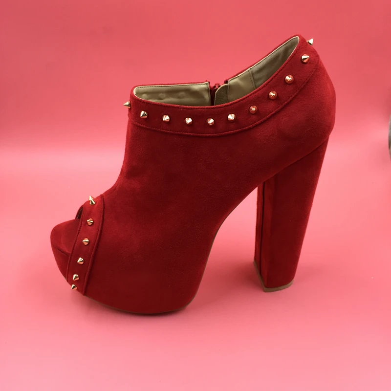 

Red Peep Toe Rivets Thick Platform Women Pumps With Square High Heels Artificial Suede Side Zipper Ankle High Frauen Schuhe