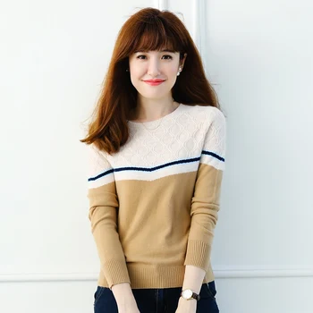 

JECH 2018 Autumn and winter new women's cashmere sweater fashion O-neck loose color matching sweater cashmere knit warm sweater