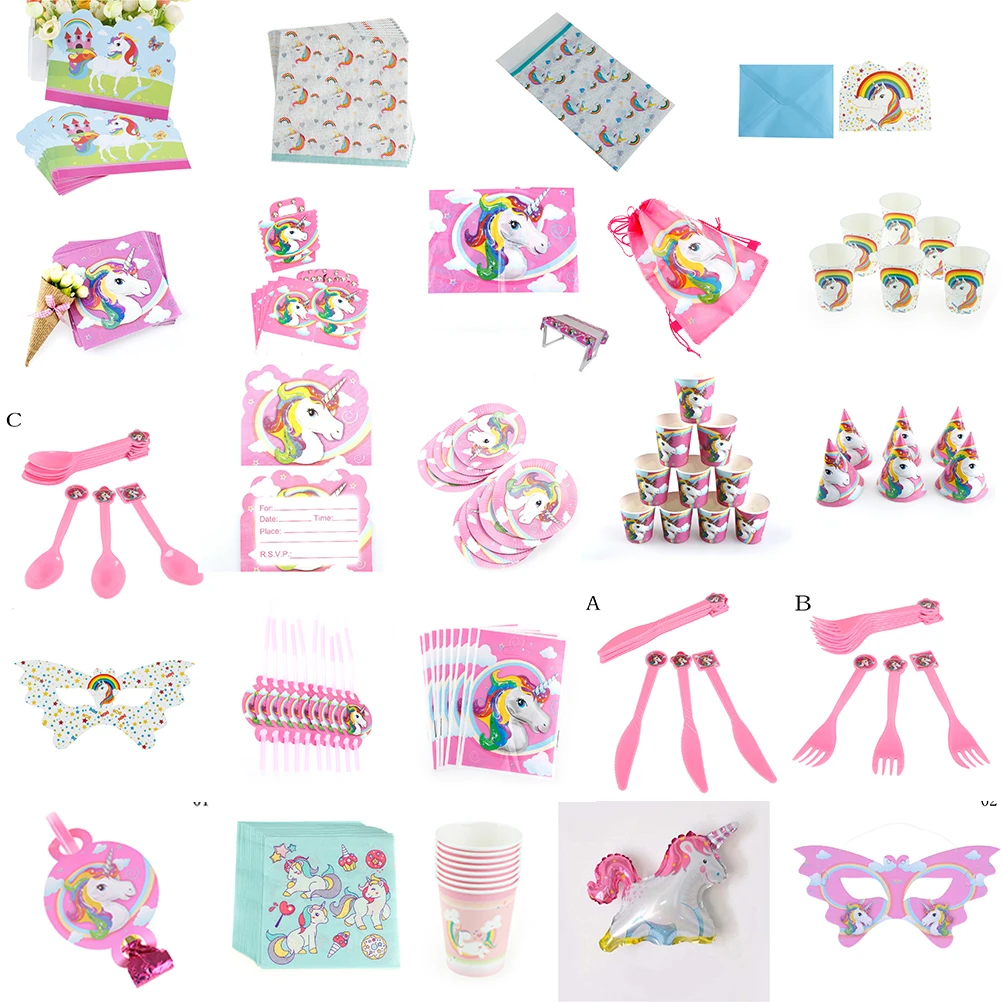 

Various Unicorn Theme Cartoon Party Set Balloon Tableware Plate Napkins Cups Banner Birthday Candy Box Baby Shower Party Dec