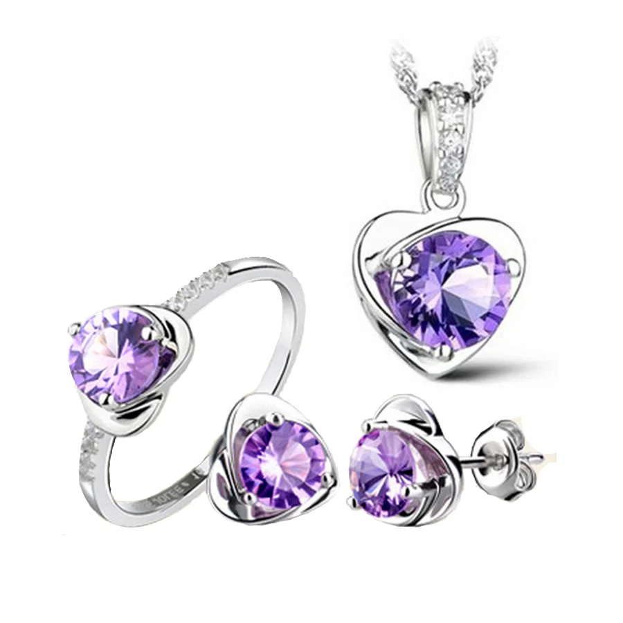 

Hot sale purple Love Heart crystal Jewelry Sets CZ Pendant necklace earring ring set for Women Wedding sets Accessaries