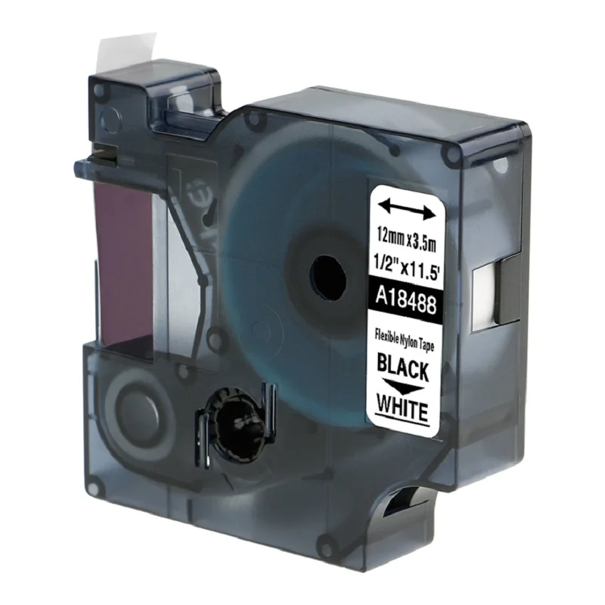 

Oozmas 1pcs/lot compatible for Dymo Flexible Nylon 18488 18490 laminated Label tape 12mm black on white for Rhino printer ribbon