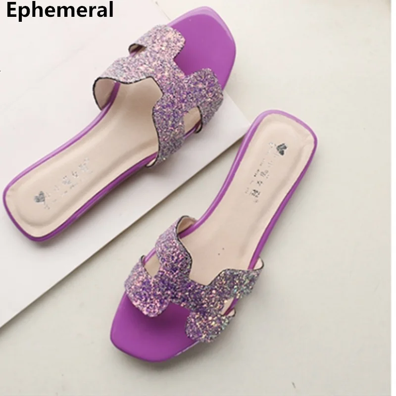 

Ladies fashion crystal bling shoes women flat slipper summer beach slides black and white flip flops max size 14 13 open toe
