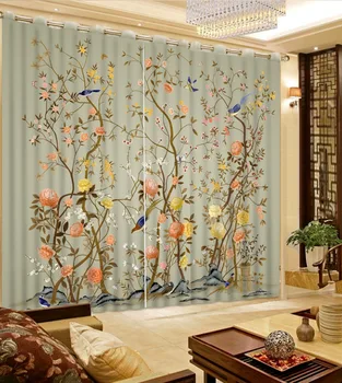 

Flowers print Chinese Customized 3D Blackout Curtains Living Room Bedroom Hotel Window bird curtains