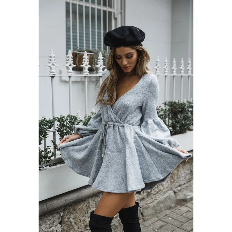

Sexy Women Knitted Sweater Dress Autumn Winter V Neck Ruffle Warm Lace Up Short Dresses Casual Long Sleeve Solid A-Line Dress