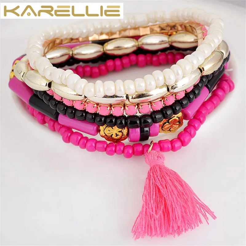 Karellie Boho Бусины веревку цепи Браслеты кисточкой кулон Для женщин с подвесками