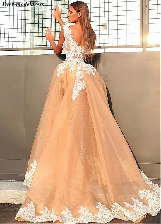 Sexy Evening Dresses Long 2019 With Detachable Train Lace Appliques Zipper Back V-Neck Newest Prom Party Gowns Robe de soiree Sexy Evening Dresses Long 2019 With Detachable Train Lace Appliques Zipper Back V-Neck Newest Prom Party Gowns Robe de soiree