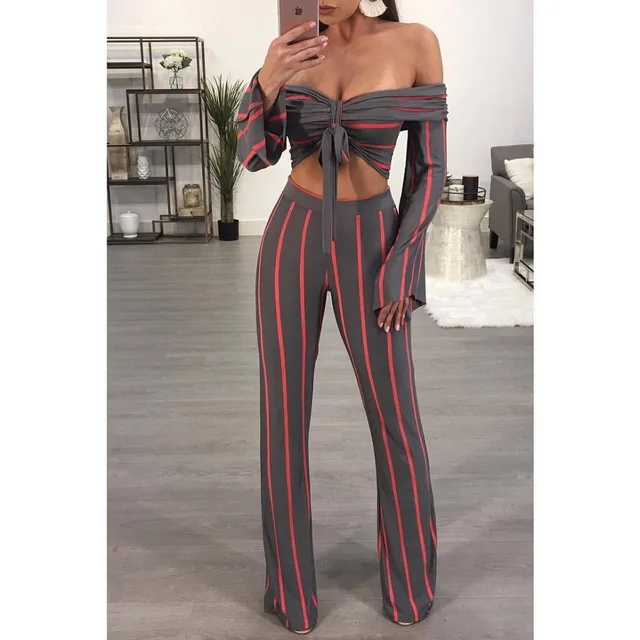 Sexy Long Sleeve Off Shoulder Crop Top Red Black Striped Slim Pants