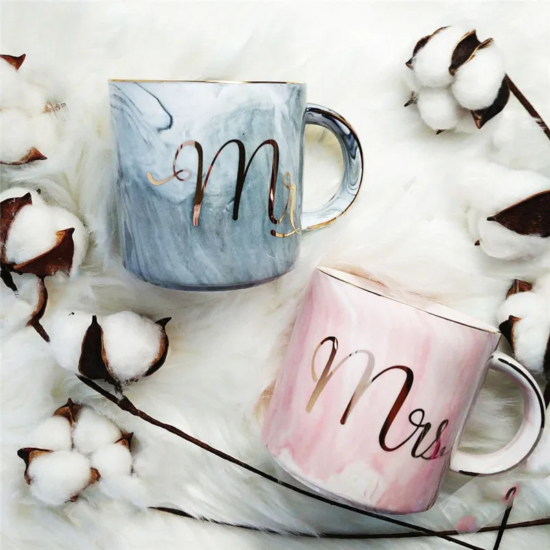 NOCM Marble Ceramic Mugs Gold Plating Couple Lover's Gift Morning Mug Milk Coffee Tea Breakfast Creative Porcelain Cup