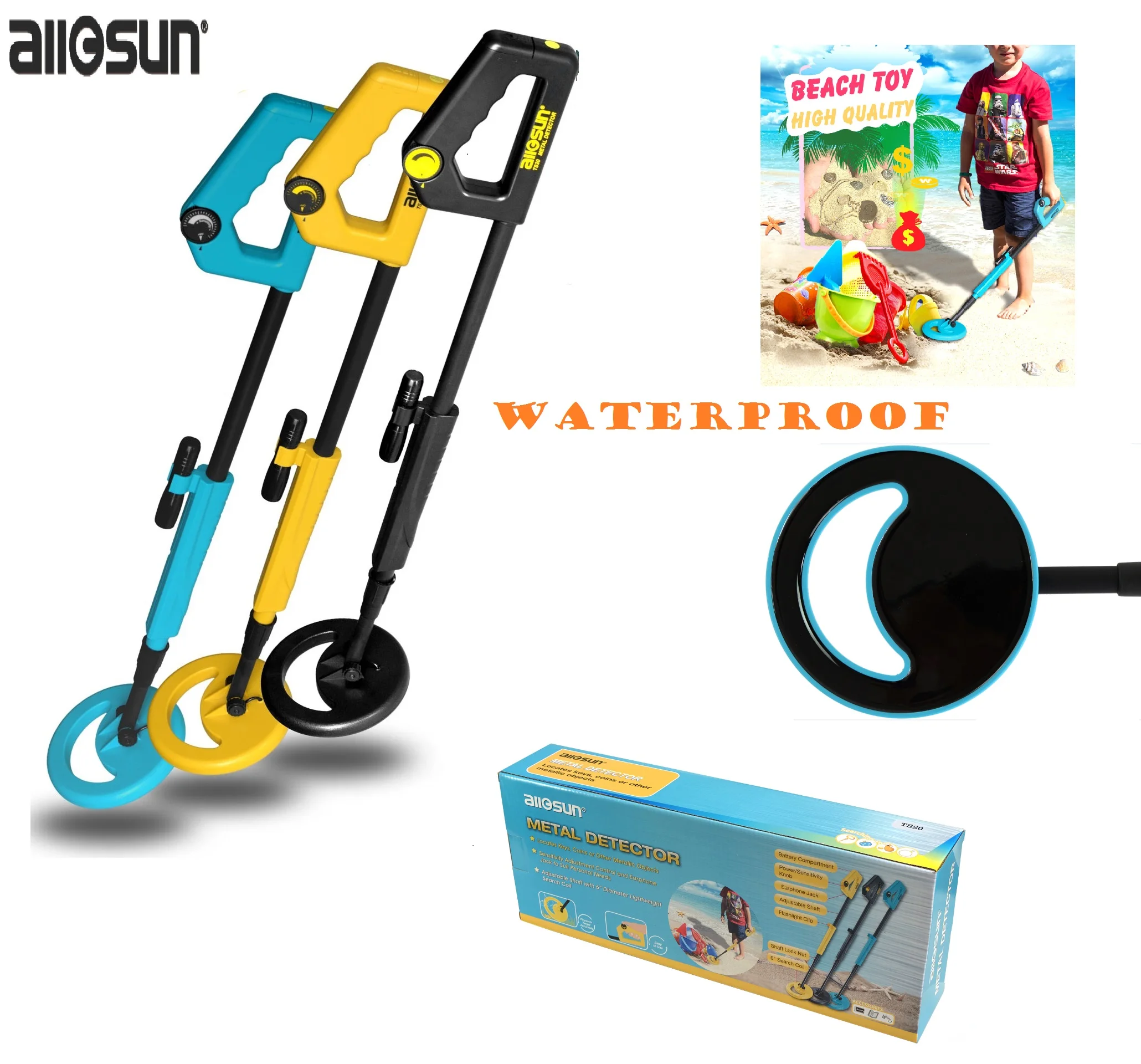 Detector de Metais Subterrâneo à Prova Caçador de Tesouros All-sun Junior Praia Quintal Dwaterproof Água Alta Sensível Gold Digger Ts20a