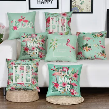 

Fashion Pale Green Pink Flamingo Gardon Flowers Floral Leaves Decorative Pillow Covering Linen Sofa Seat Car Cushion Throw Cover